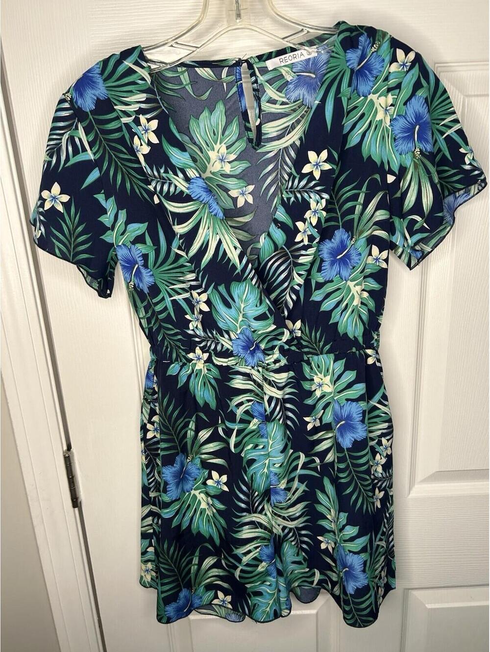 REORIA Women's Tropical Print Romper Sz. S Blue And Green With Sleeves